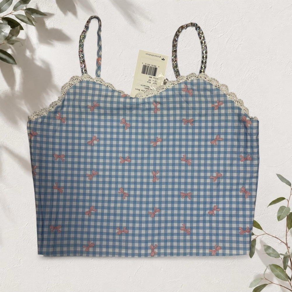 Lola & the Boys Blue Gingham Bow Crop Top Rhinestone Straps 12T NEW